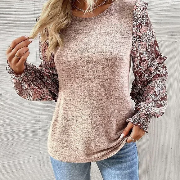 Coffee Brown Casual Womens Floral Print Lantern Sleeve Ruffle Trim Top - Picture 4 of 5